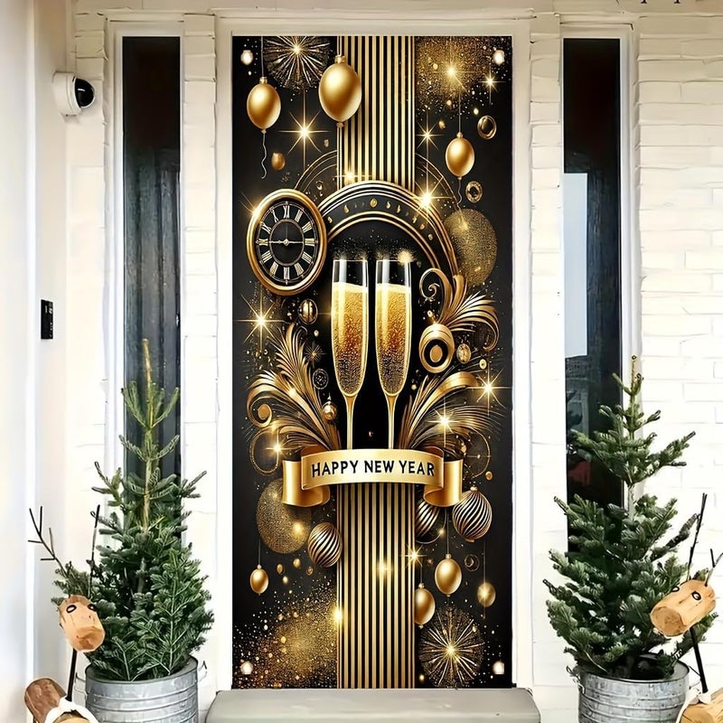 TOMHONG Happy New Year Champagne Toast Door Cover Decoration 71x35 Inch Gold Black SparkleTheme Party Banner for New Years Eve Wall Decor Festive NYE Holiday Supplies Photo Prop - Image 3